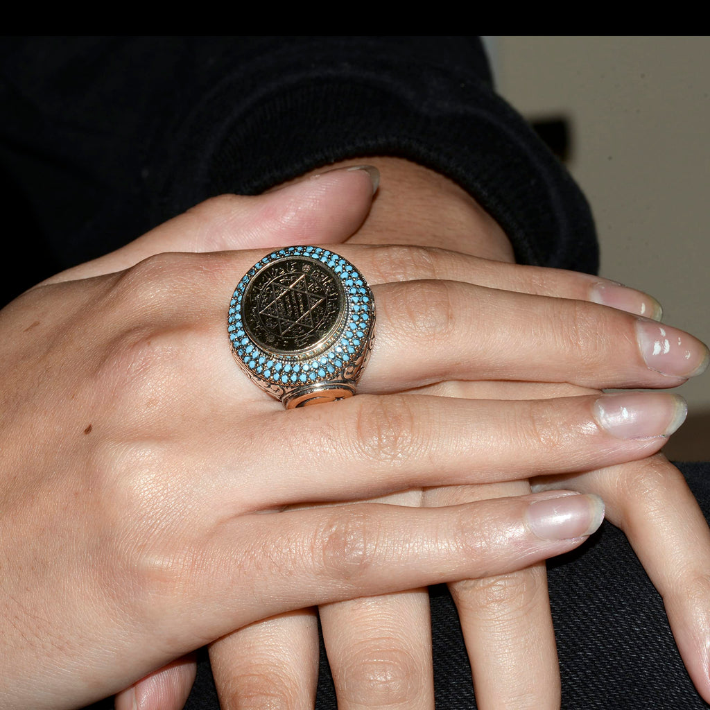Islamic Star of David Ring - Crescent and Turquoise Detailed, 925 Sterling Silver — 6