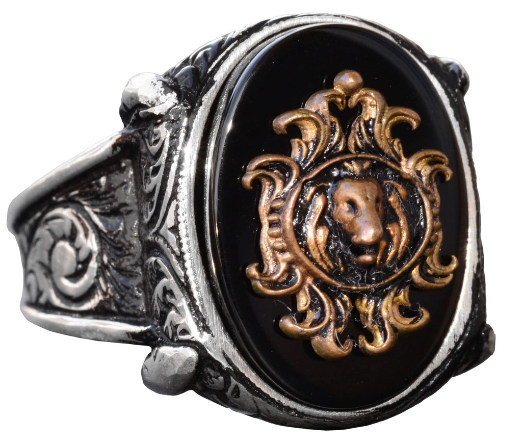 Handcrafted 925 Sterling Silver Men's Ring with Lion Head Symbol and Created Onyx Stone, Unique Bold Design