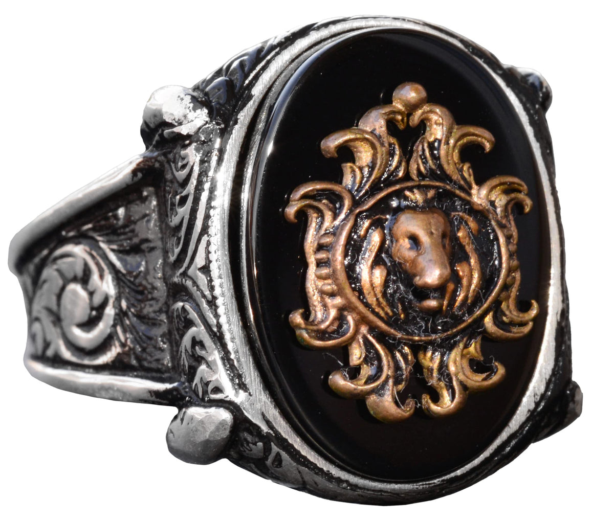 Handcrafted 925 Sterling Silver Men's Ring with Lion Head Symbol and Created Onyx Stone, Unique Bold Design