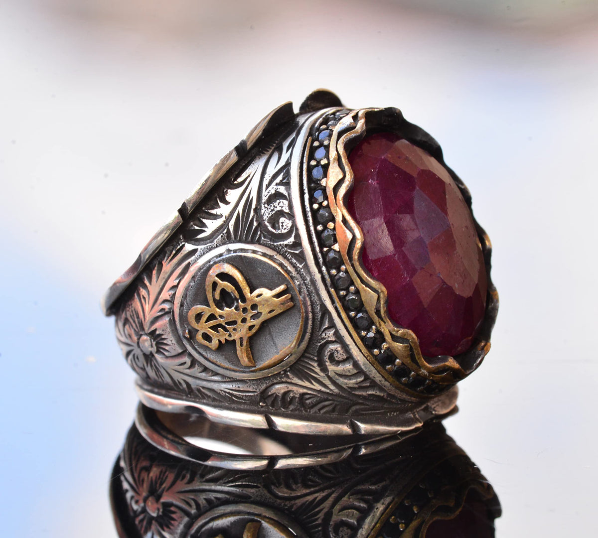 Ottoman Ring, Silver Ring, Natural Ruby Stone Ring, 12.90 Carat, Ethnic Design — 4
