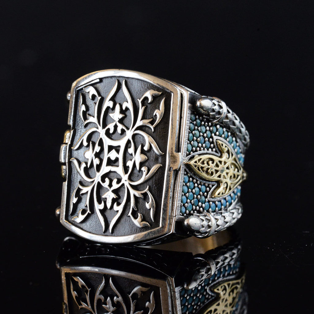 925 Sterling Silver Men's Box Ring with Turquoise Stones — 5