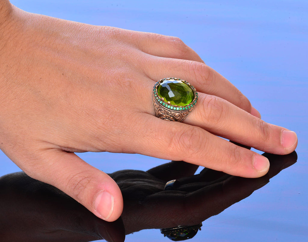 Handmade Silver Men's Ring | Green Artificial Peridot Stone | Renewal and Goodness Design — 6