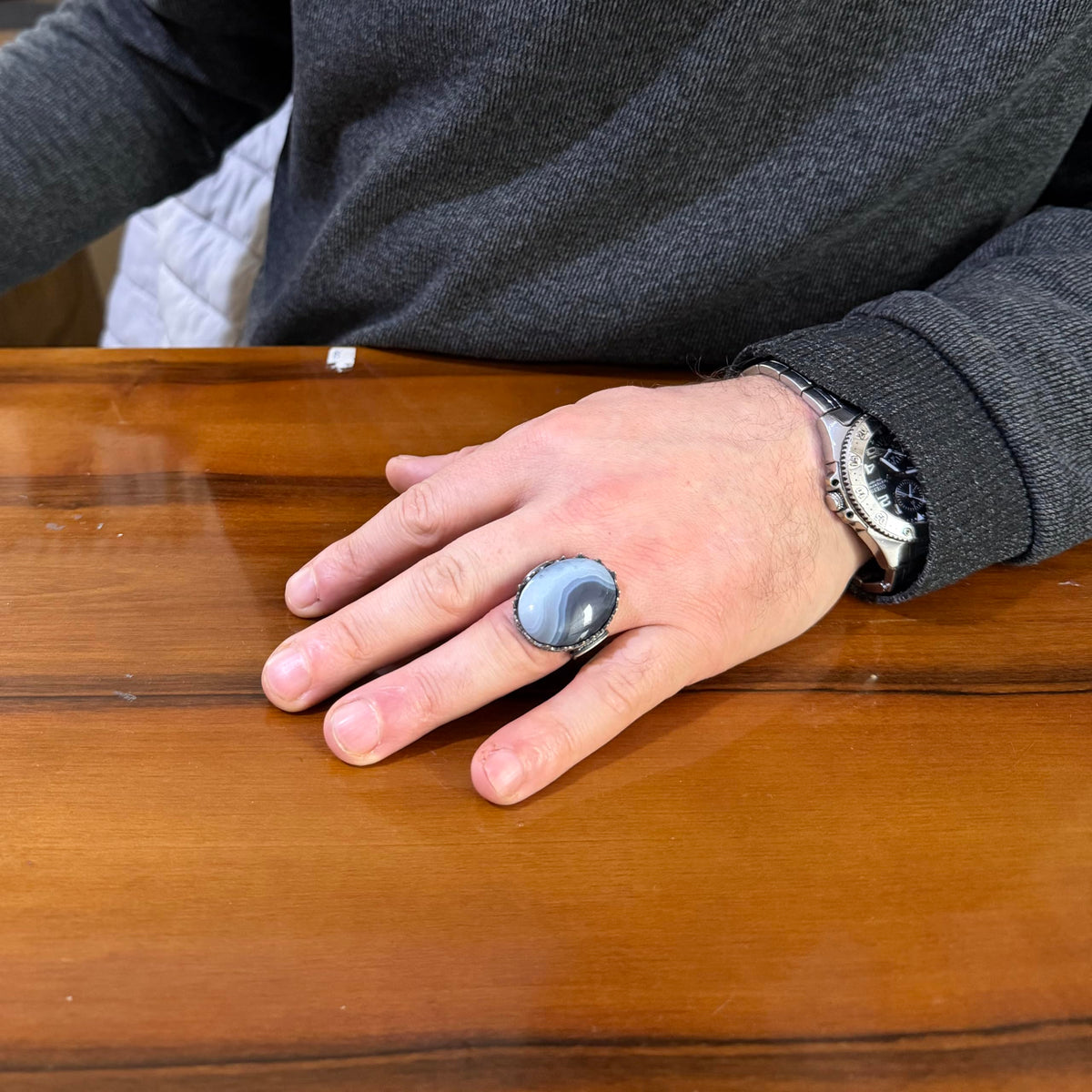 KAMBO Handmade Men's Ring with Natural Yemen Agate Stone – 925 Sterling Silver Statement Ring – Gray Band Aqeeq Stone Vintage Ottoman Style Masculine Jewelry — 3
