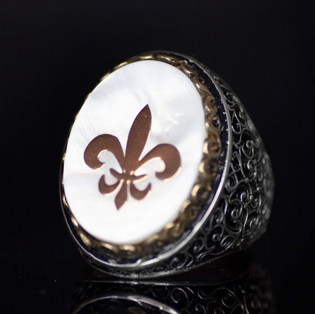 Noble and Symbolic Men's 925 Sterling Silver Ring - Lily Symbol, Adorned with Natural Stones — 3