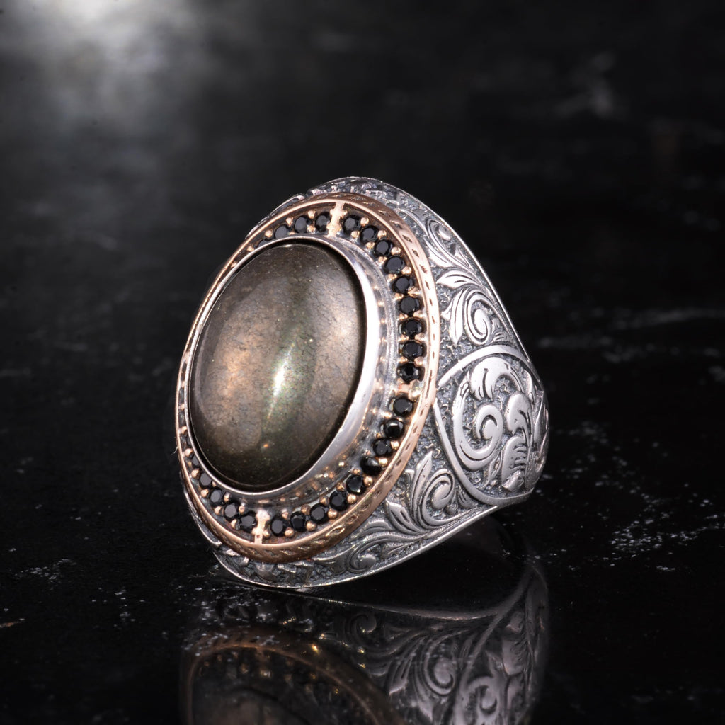 Men's Natural Stone Large Ring – Oval Stone Vintage Byzantine Engraved Statement Ring – Antique Filigree 925 Sterling Silver Jewelry (Pyrite) — 6