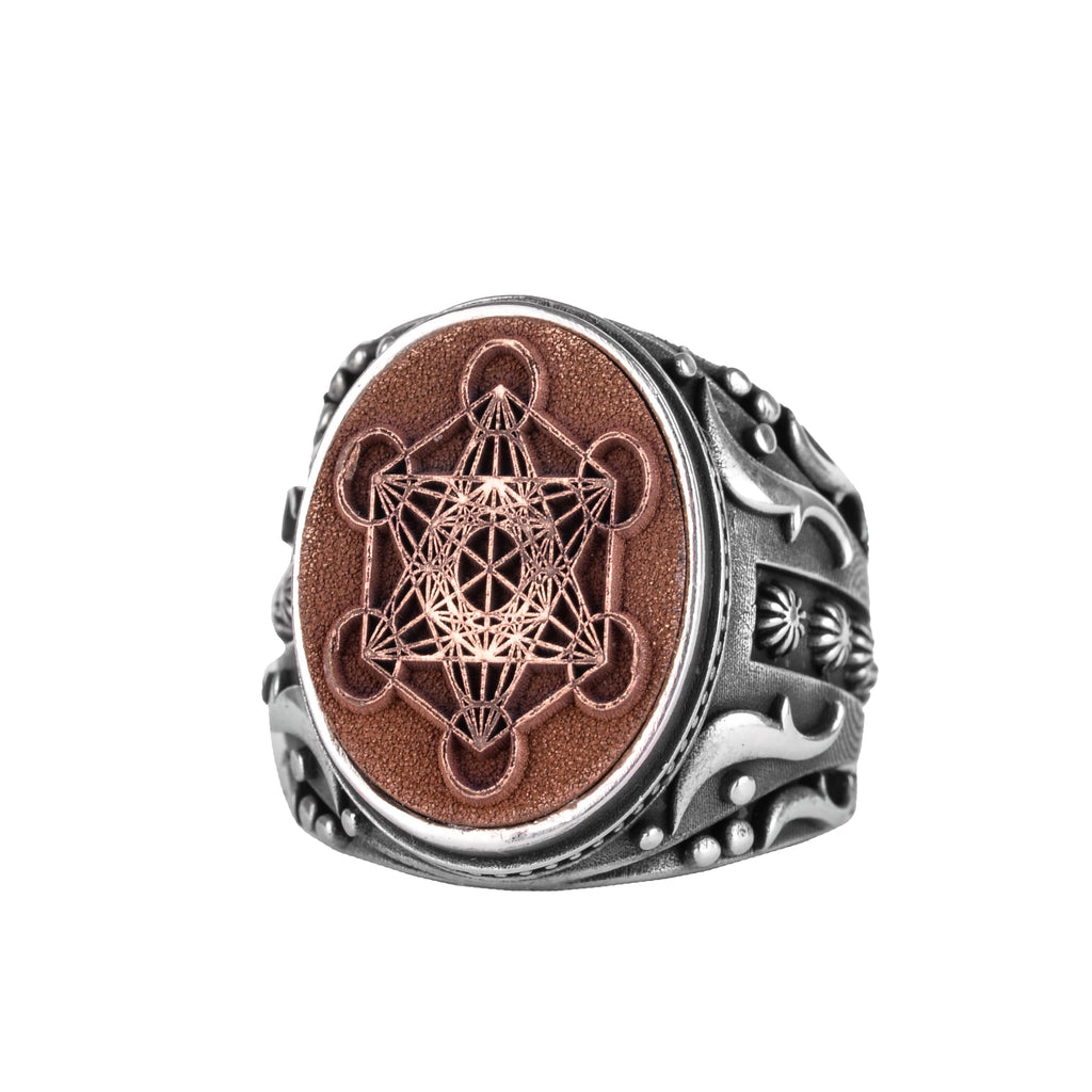 KAMBO Metatron Cube Men's Ring – 925 Sterling Silver Bronze Detail Sacred Geometry Ring – Handmade Symbolic Jewelry