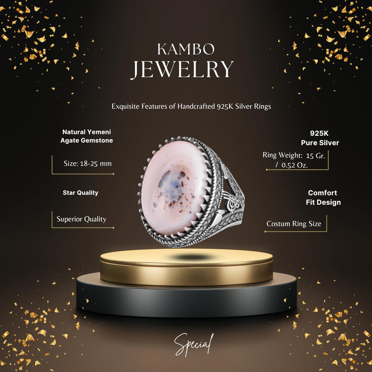 KAMBO Natural Yemen Agate Stone Men's Ring – 925 Sterling Silver Large Statement Ring – Handmade Ottoman Tugra Design Jewelry (Style-3) — 2