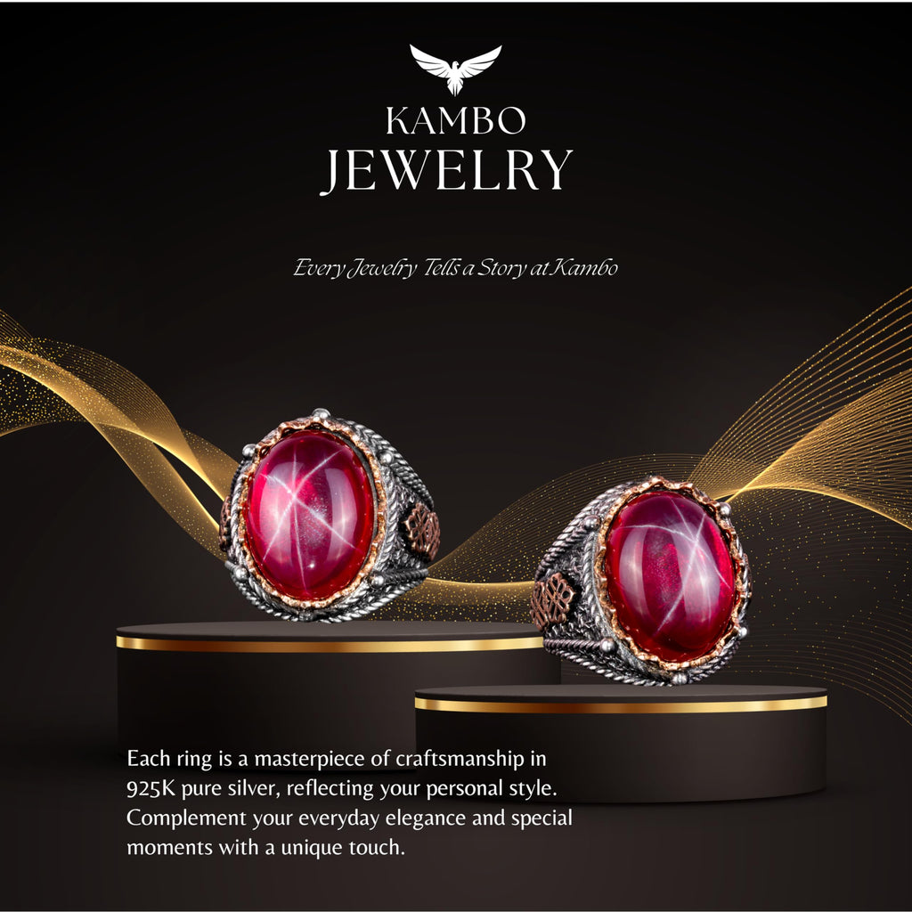 925 Sterling Silver Men's Ring, Handmade Natural Star Ruby Stone Ring — 6