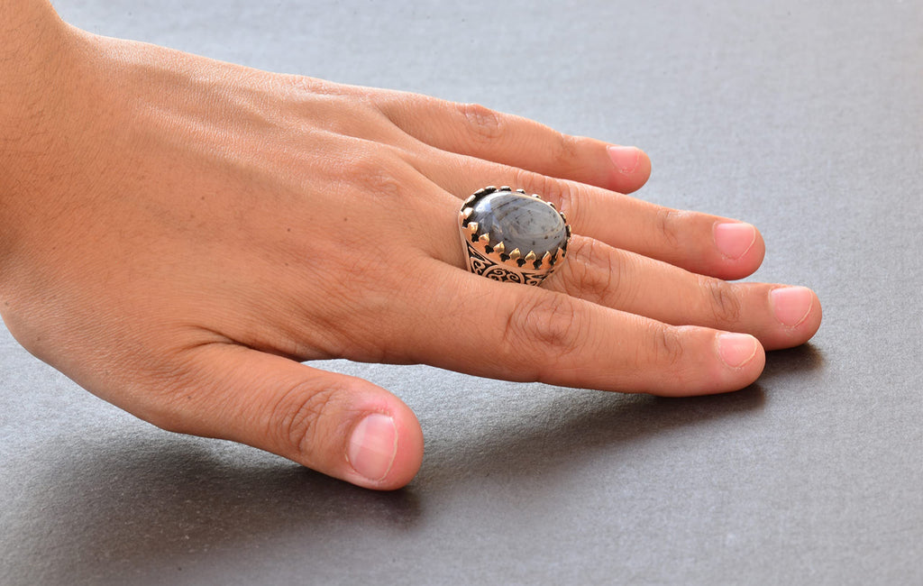 925 Sterling Silver Men's Ring - Natural Beige Wood Stone Vintage Design — 6