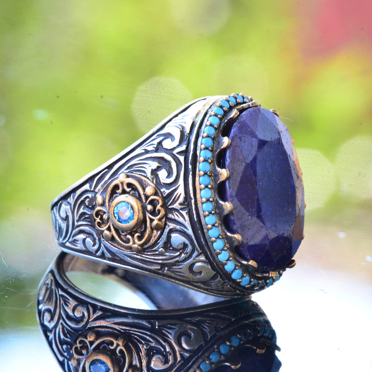 Natural Blue Sapphire Stone Ring - 925 Sterling Silver — 4
