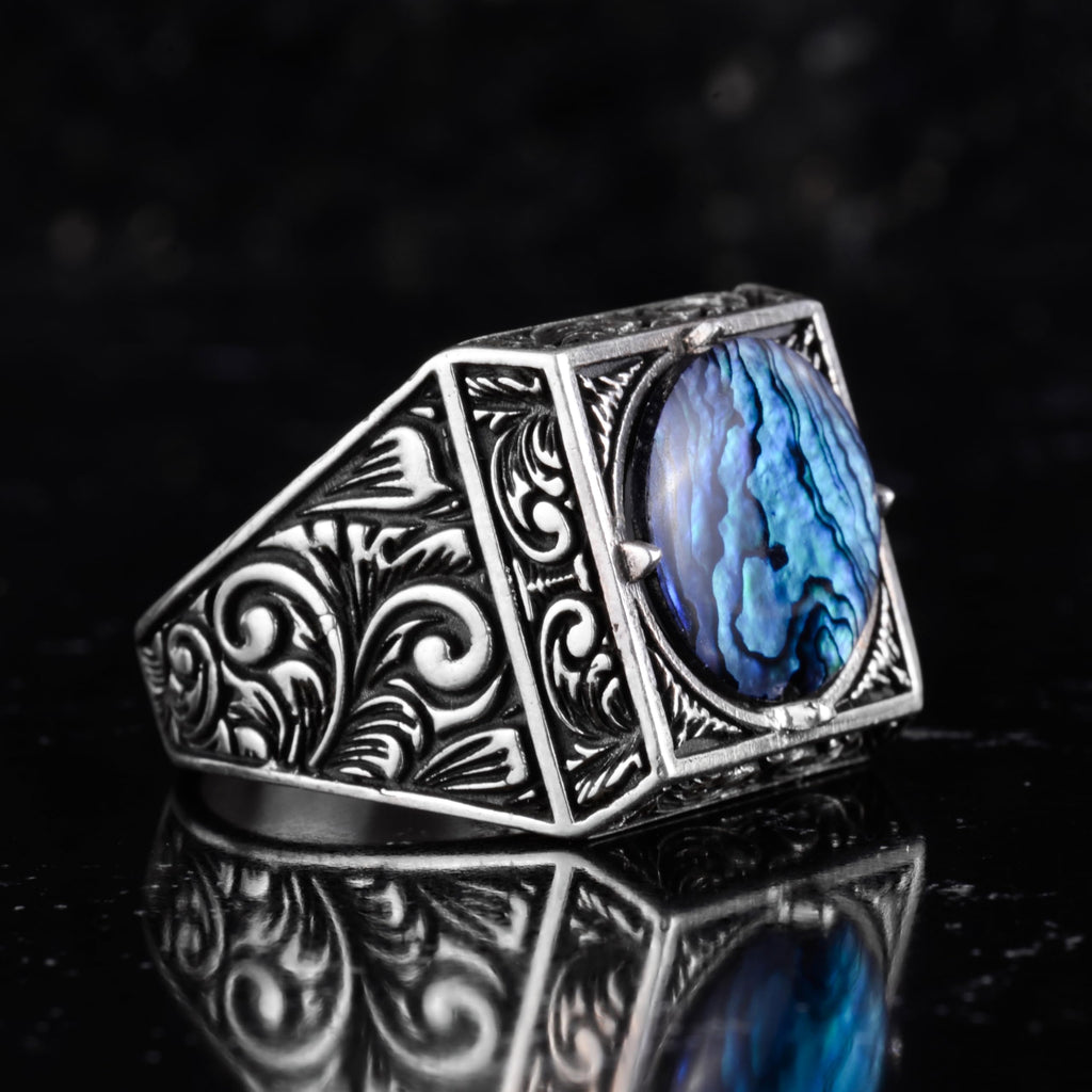 KAMBO Natural Round Stone Square Men's Ring 925 Sterling Silver – Ottoman Pattern Handmade Stone Ring (Ocean Pearl) — 6