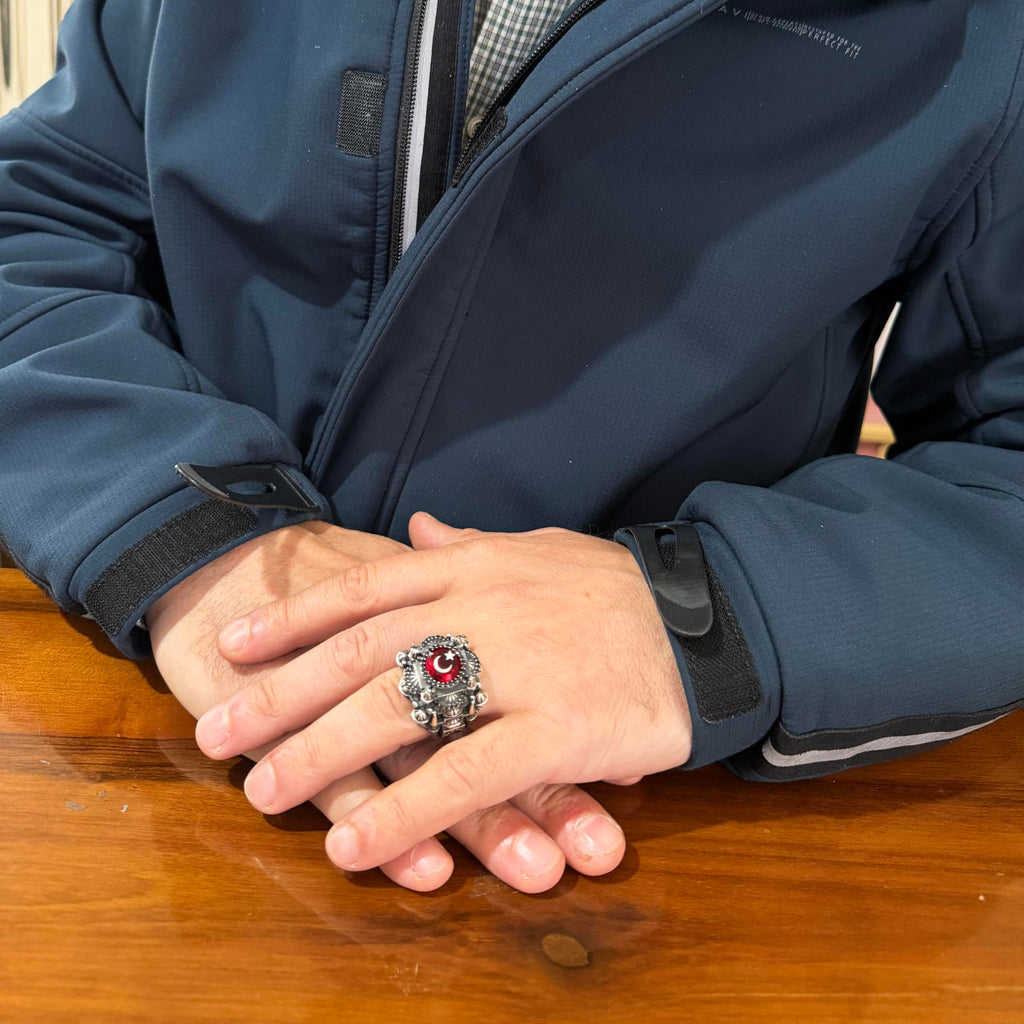 KAMBO Created Red Stone Large Men's Ring 925 Sterling Silver – Turkish Crescent Star Islamic Mosque Inspired Statement Ring — 3