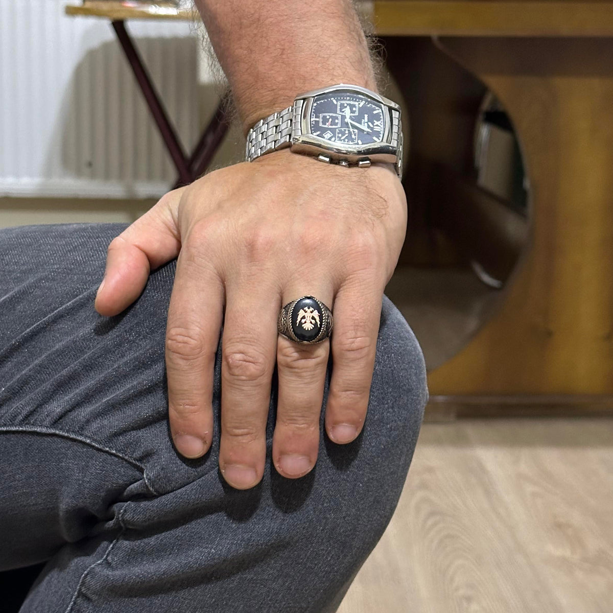 Men's Double-Headed Eagle Ring - Eagle Symbol Jewelry - 925 Sterling Silver Handcrafted Men's Ring (Black) — 3