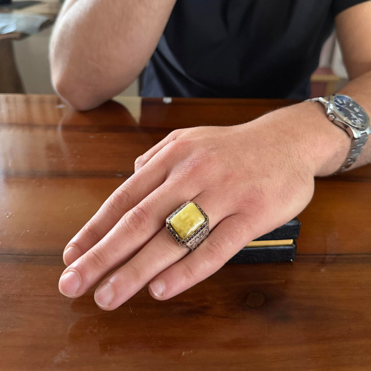 KAMBO Natural Stone Ring for Men 925 Sterling Silver - Rectangular Statement Ring Handmade Jewelry (Amber) — 2