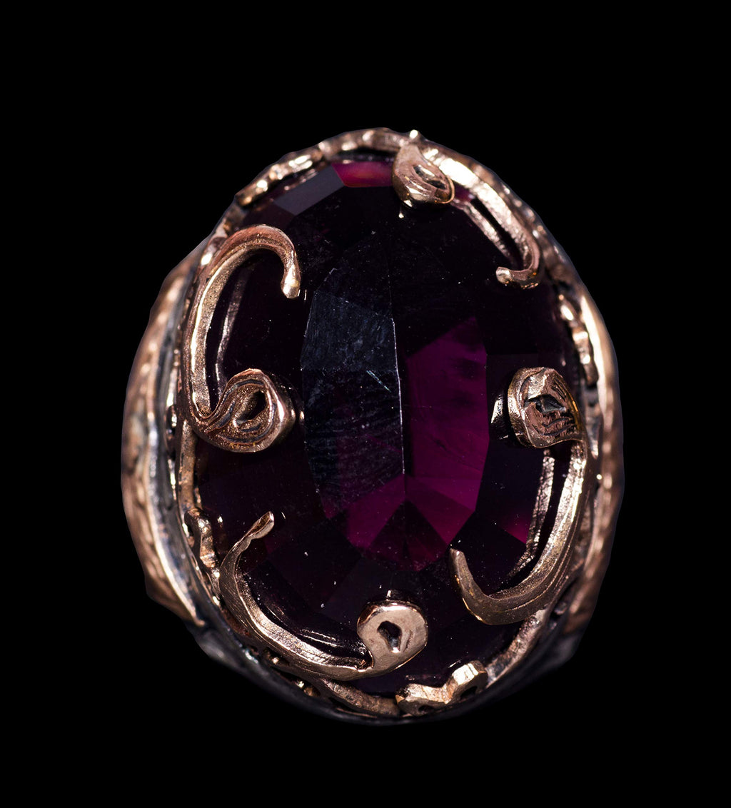 925 Sterling Silver Men's Ring - Artificial Amethyst Stone, Fine Gold Detail — 3