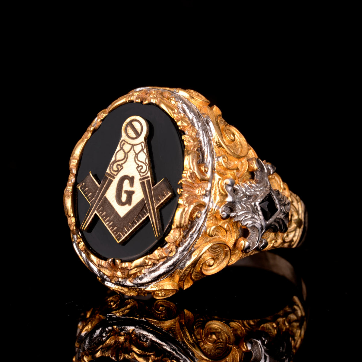Handcrafted Onyx Ring - 925 Sterling Silver Men's Gold Plated Ring (Masonic) — 6