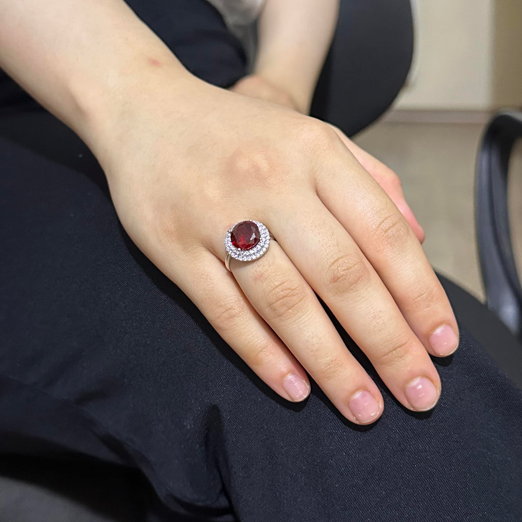 Kambo Synthetic Stone Handcrafted Ring - 925 Sterling Silver Women's Ring, Round Cut (Synthetic Garnet) — 3