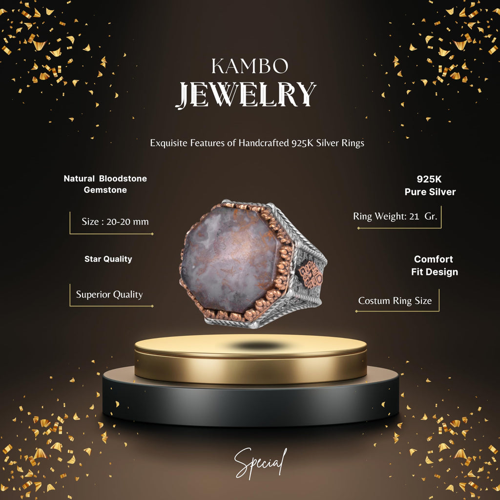 KAMBO Natural Bloodstone Stone 925 Sterling Silver Men's Ring – Octagonal Vintage Statement Jewelry (Style-1) — 2