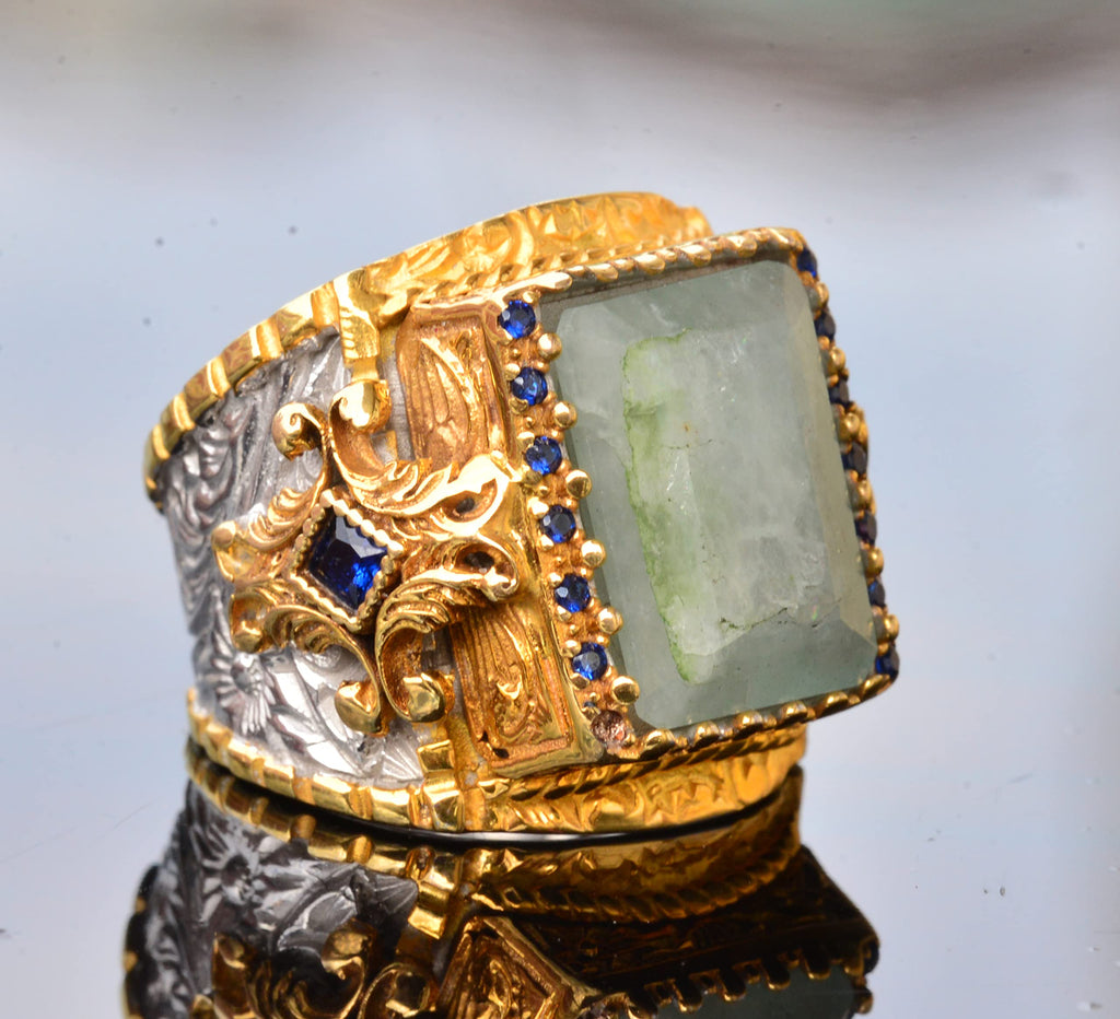 Natural Aquamarine Stone Handmade Ring, Gold Plated Silver Men's Ring - Symbol of Serenity and Courage — 4