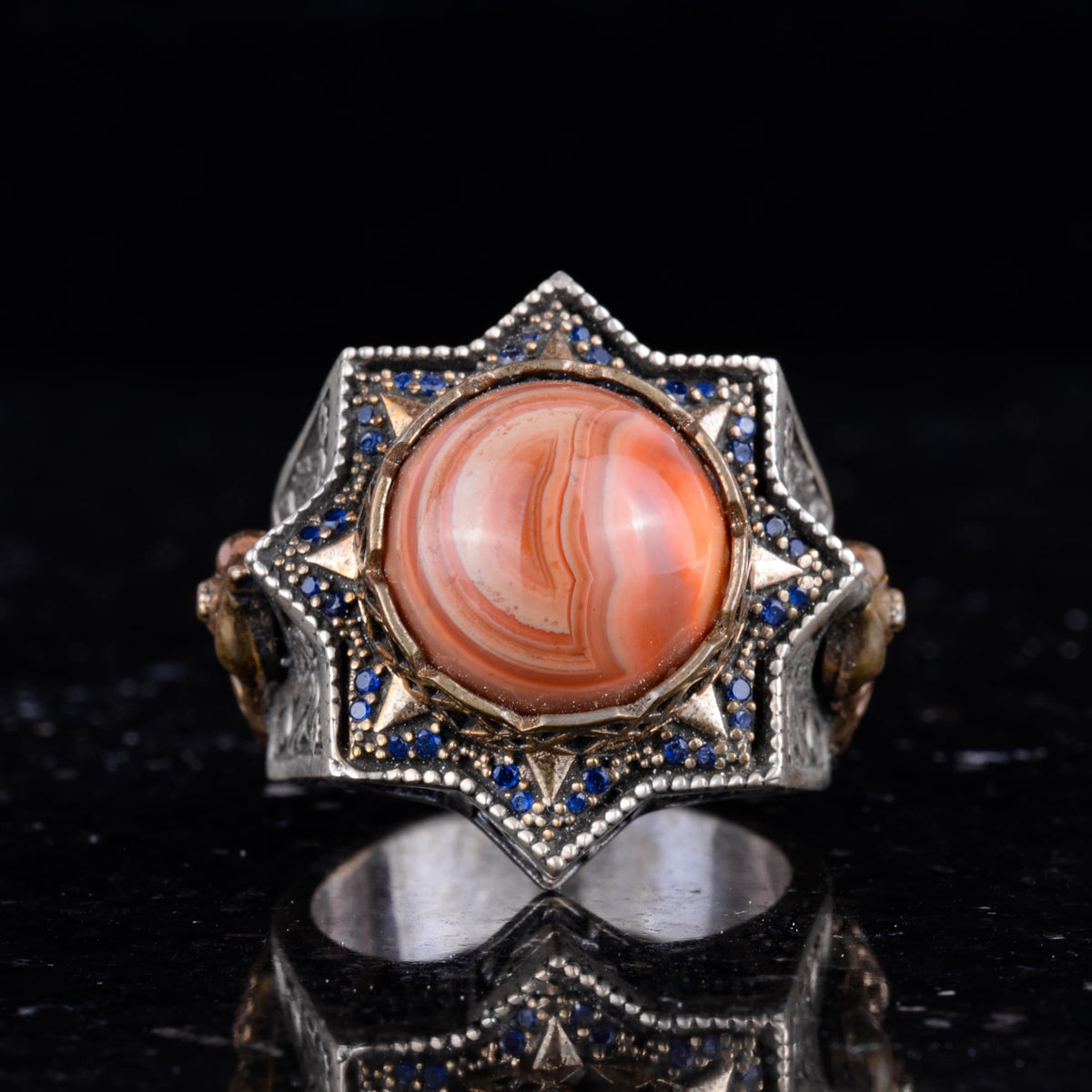Silver Agate Stone Ring, Natural Red Agate Men's Ring, Vintage Star Design — 2