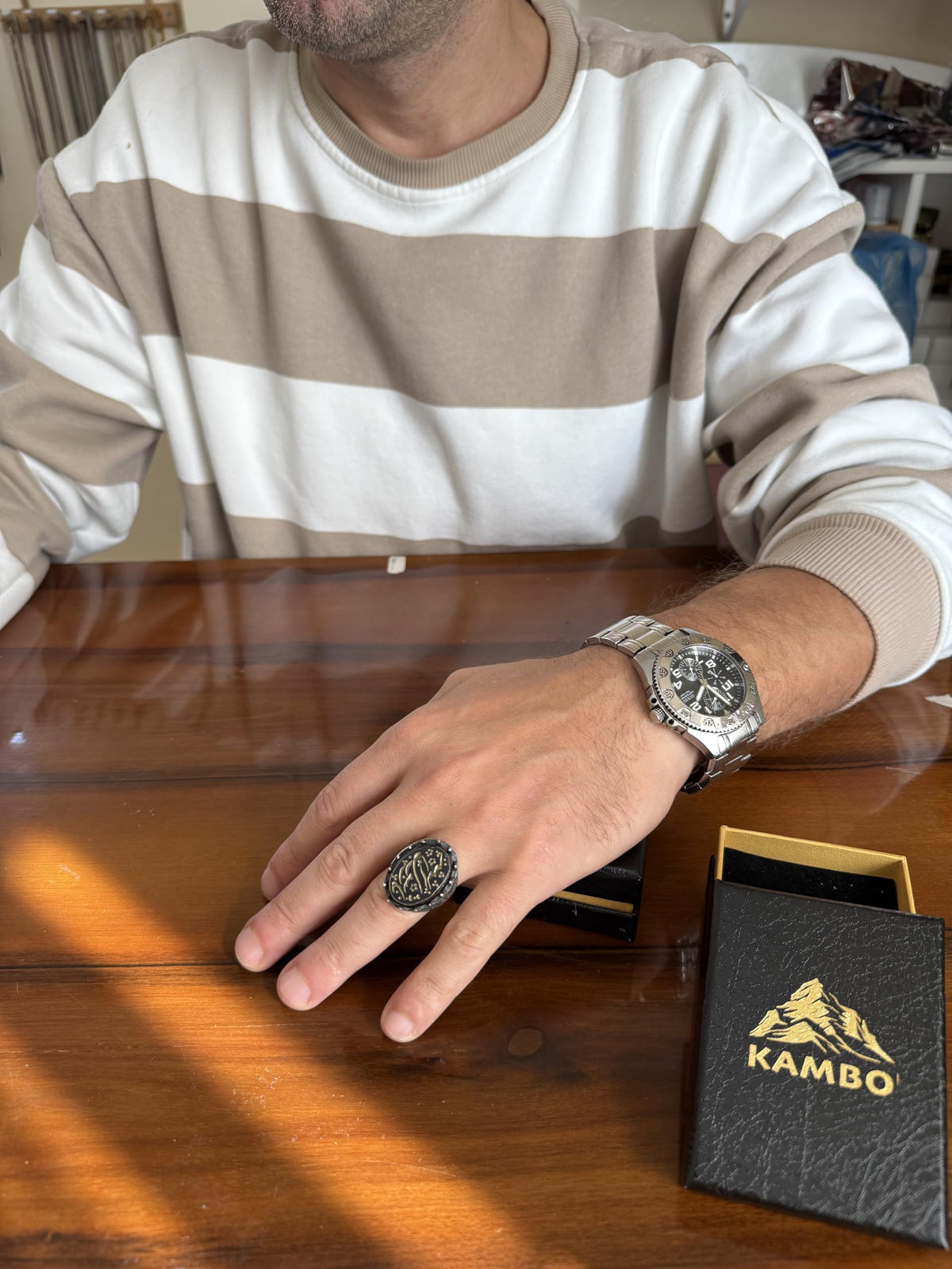 KAMBO 925 Sterling Silver Islamic Calligraphy Ring – Men's Ring with Natural Agate Stone – Handmade Ottoman Seljuk Inspired Statement Jewelry — 3