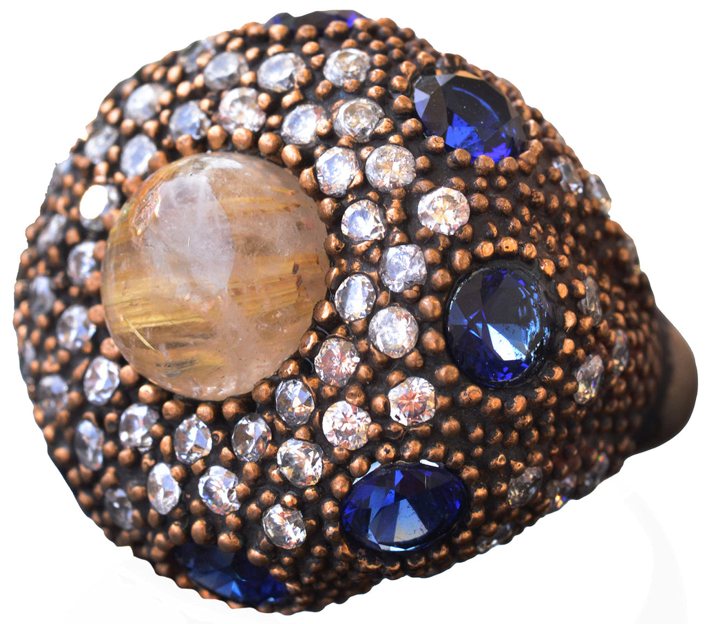 Natural Gold Rutile Quartz Stone Silver Ring