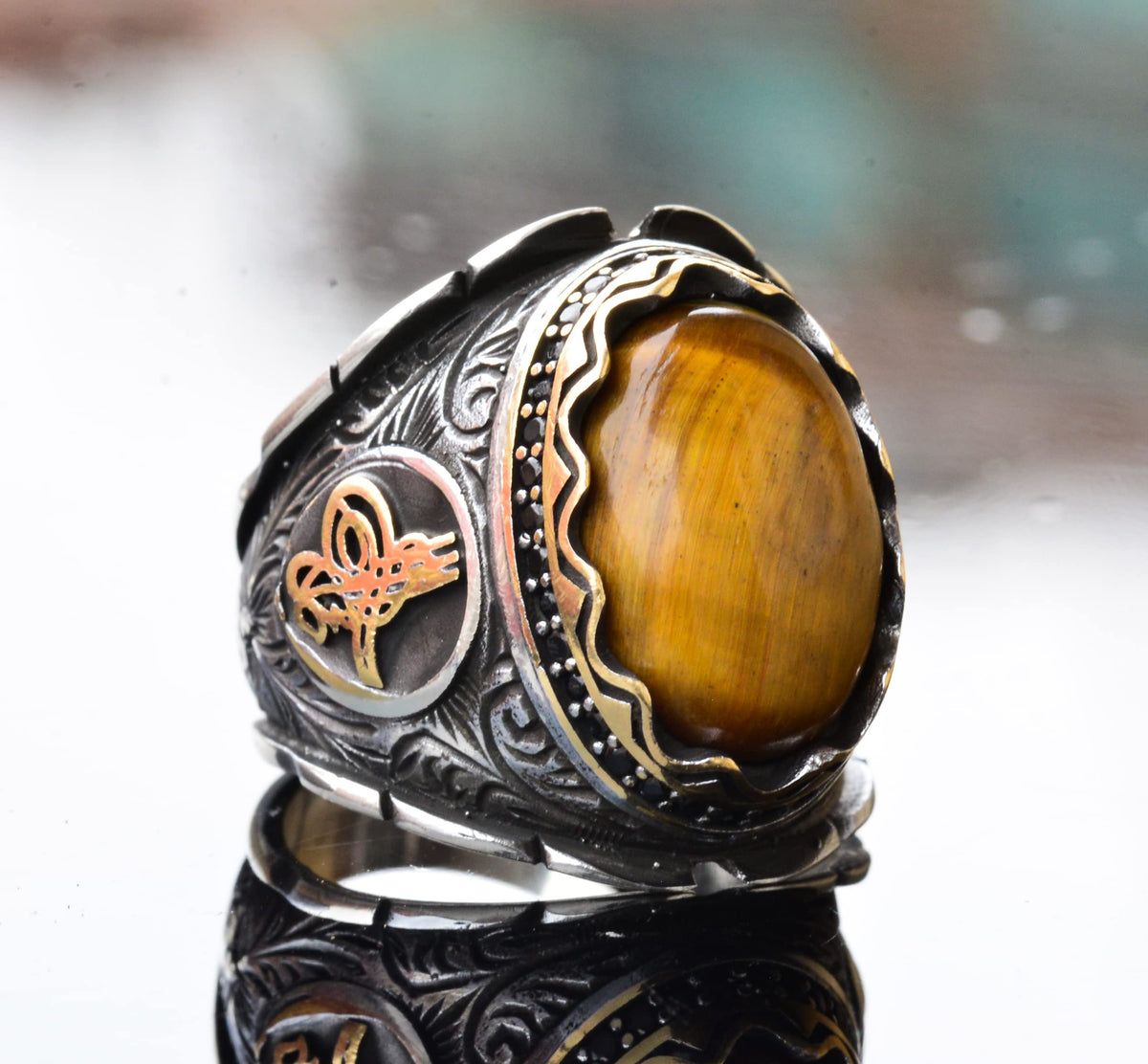 Handmade 925 Sterling Silver Men's Ring with Natural Tiger Eye Stone - Detailed Ottoman Seal Design - Stone Ring — 3