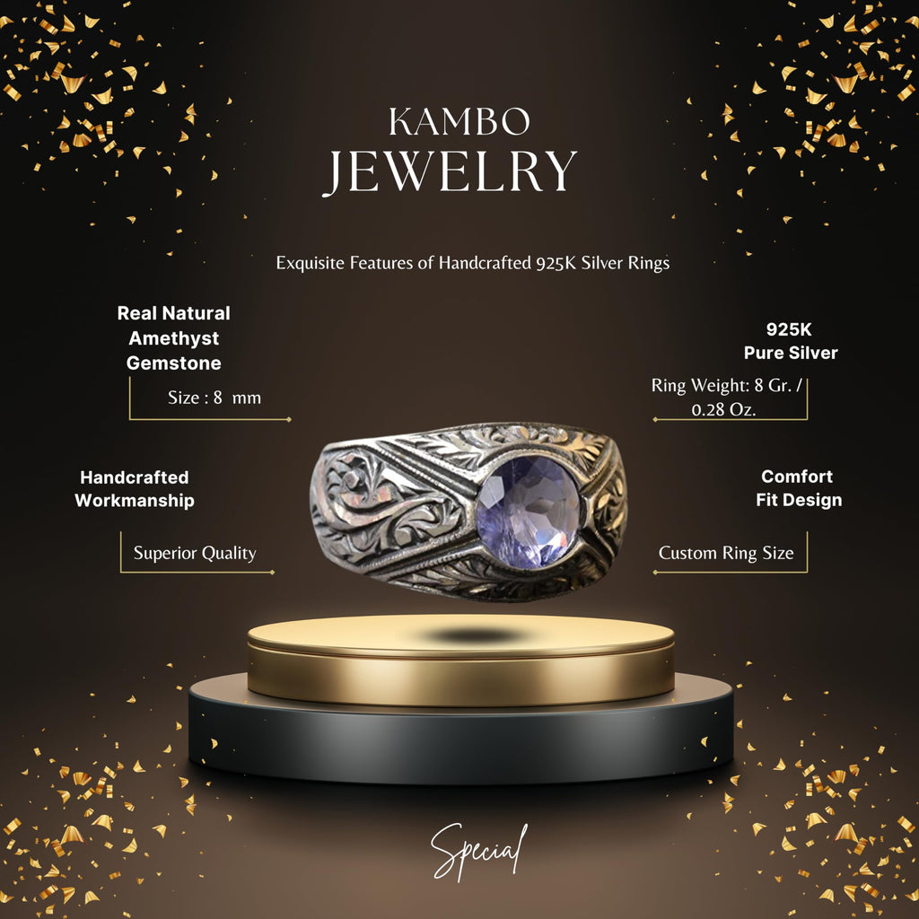 KAMBO Handmade 925 Sterling Silver Men's Ring with Real Natural Amethyst Gemstone, Minimalist Vintage Design, Statement 