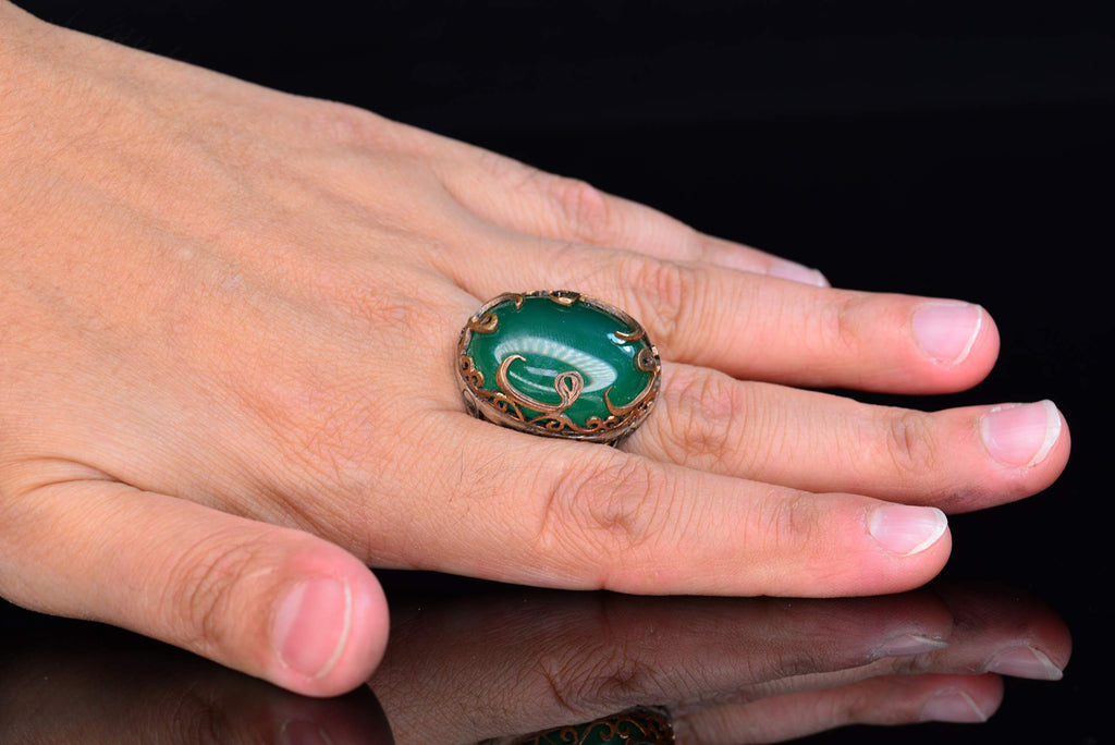 Handmade Silver Men's Ring | Natural Green Jade Stone | Harmony and Peace Design — 6