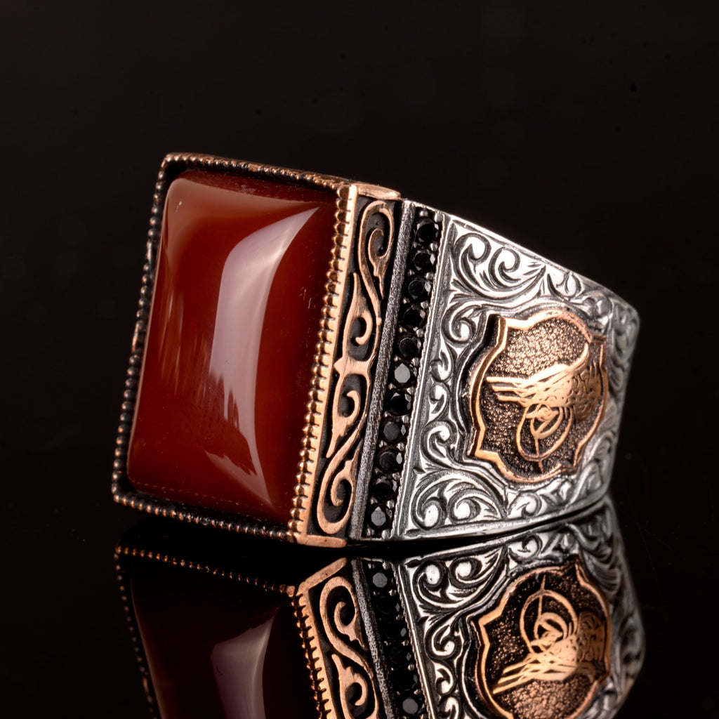 925 Sterling Silver Ring, Artificial Agate Stone Ring, Tughra Ring — 5