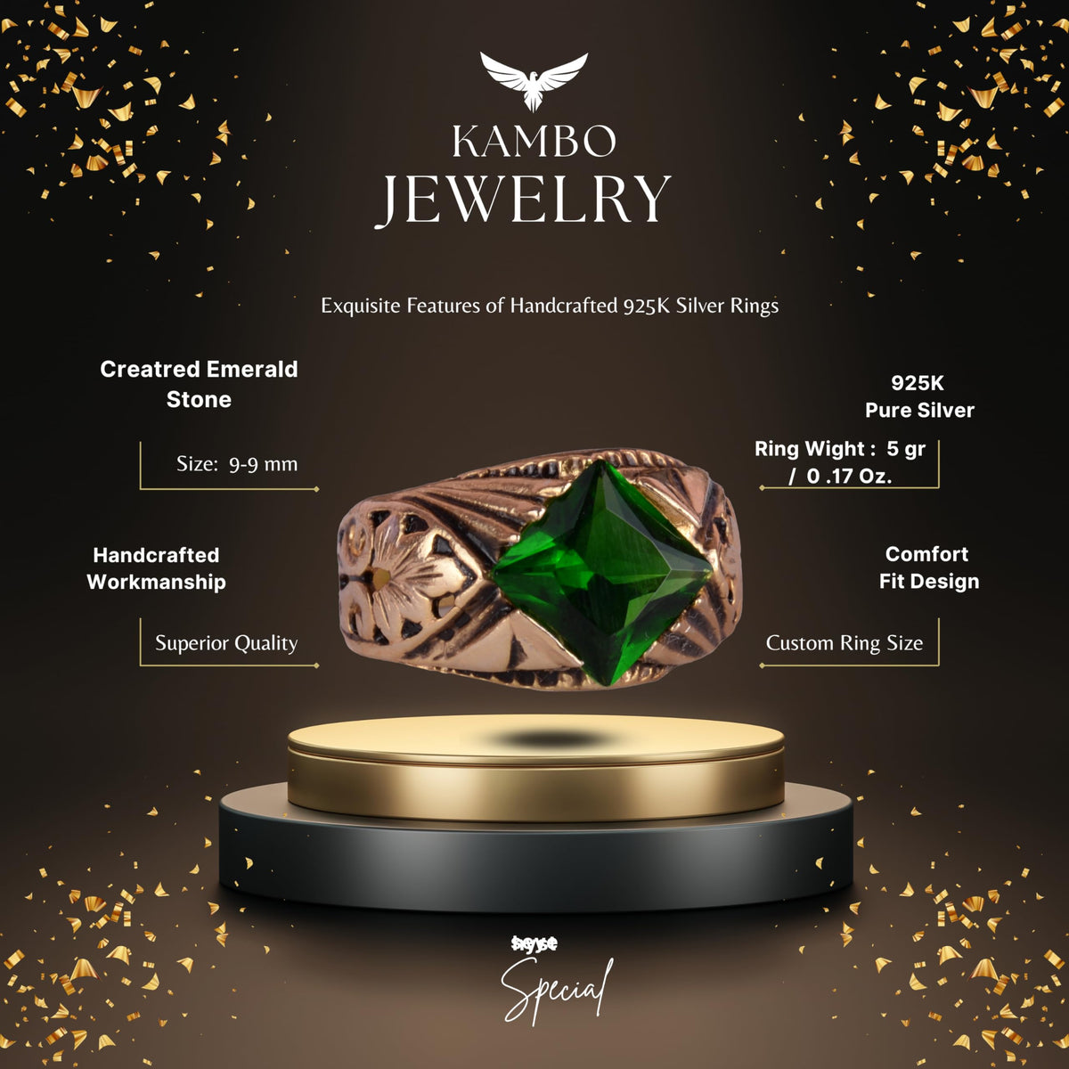KAMBO Handmade 925 Sterling Silver Ring with Created Emerald Stone, Modern Men's Statement Jewelry, Gold Plated Design, 