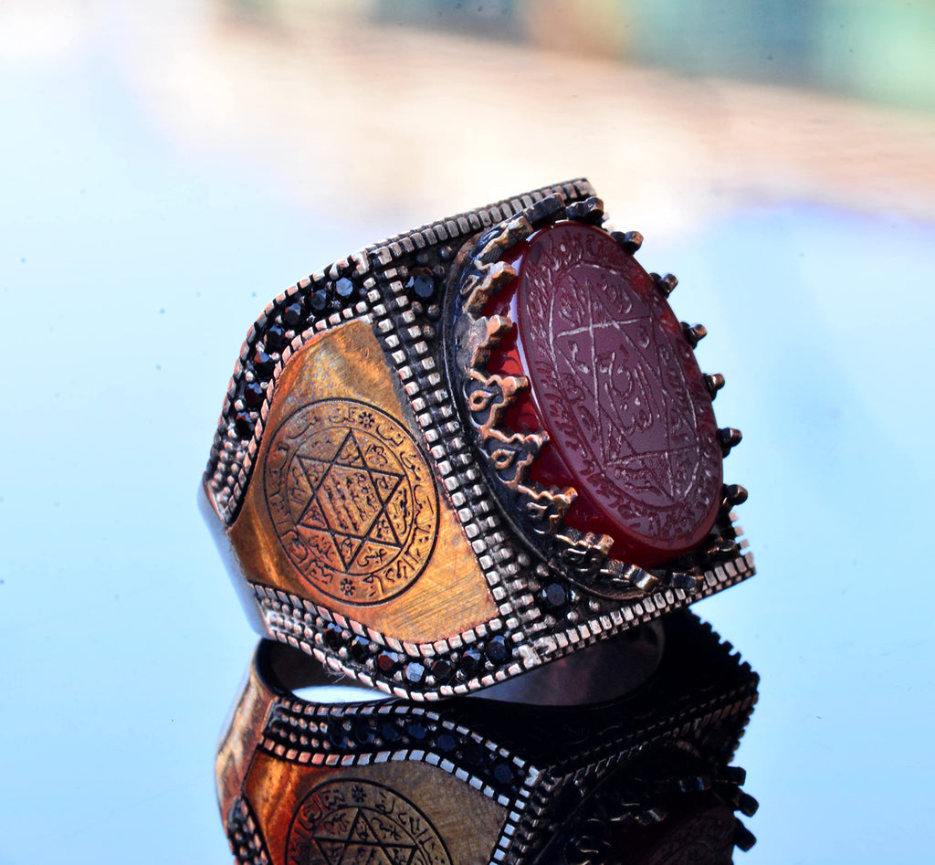 Handmade Natural Agate Stone Silver Men's Ring - Symbol of Strength and Protection (Red Agate) — 3