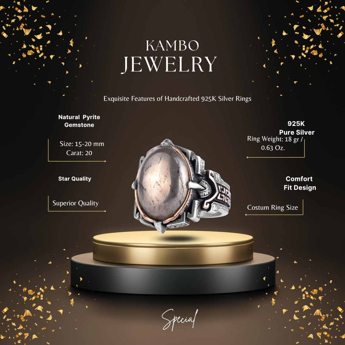 KAMBO Natural Stone Ring 925 Sterling Silver – Handmade Men's Statement Ring Healing Jewelry (Pyrite) — 2