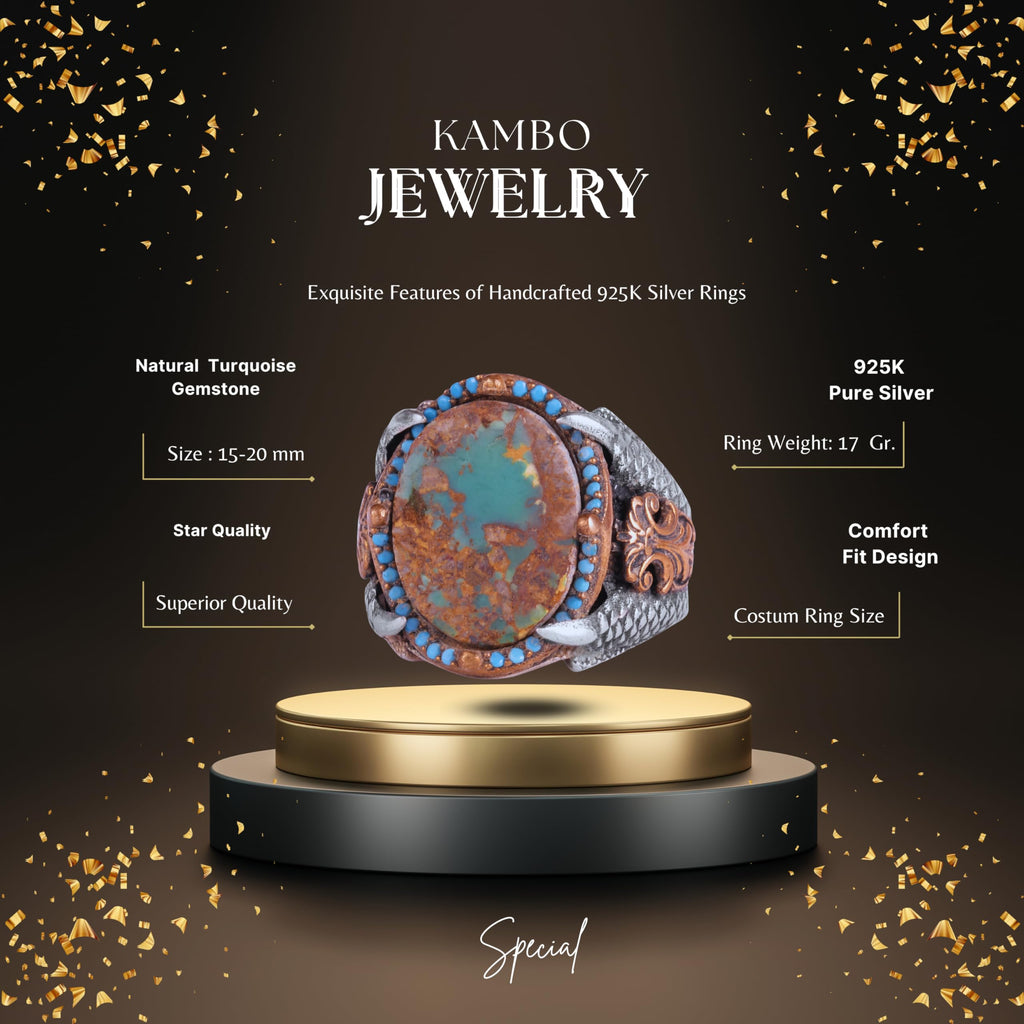 KAMBO Raw Turquoise Oval Stone Claw Setting – Bronze Detailed Silver Artisan Men's Expression Accessory (E) — 2