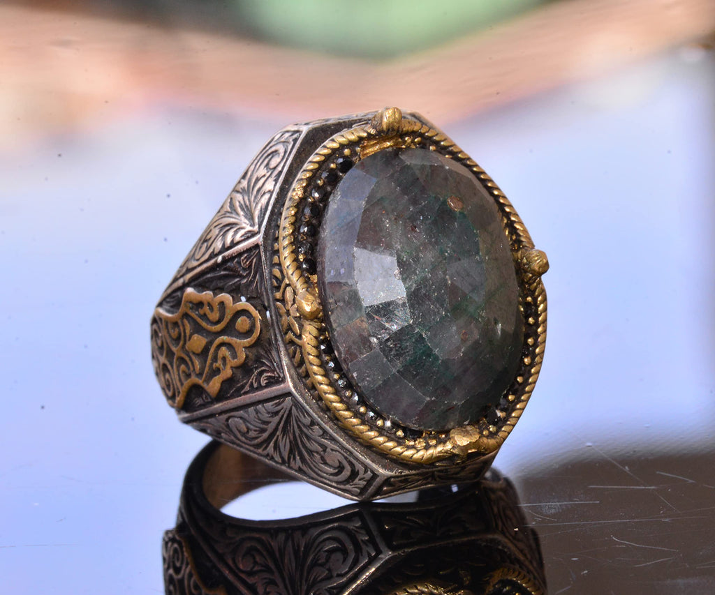 Handmade Vintage Design Emerald Ring - 925 Sterling Silver Men's Ring with Gold Accents (Emerald) — 3