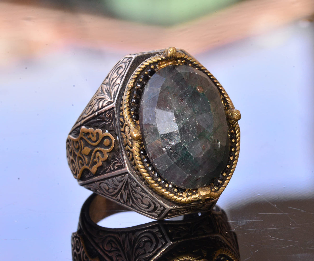 Handmade Vintage Design Emerald Ring - 925 Sterling Silver Men's Ring with Gold Accents (Emerald) — 3