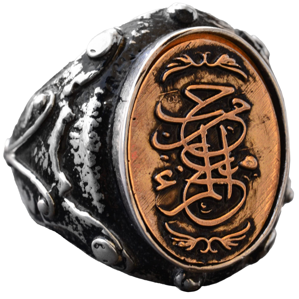 KAMBO Handmade 925 Sterling Silver Men's Ring with Oval Copper Inlay and Islamic Calligraphy Design, Vintage Statement J