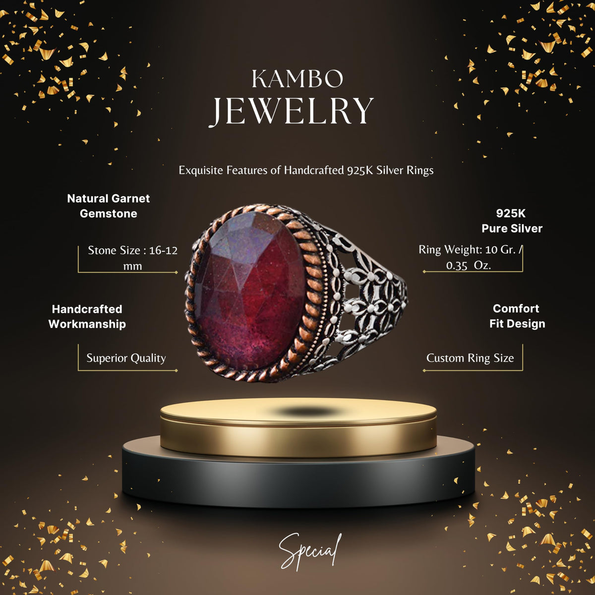 Silver Men's Ring with Natural Garnet Stone — 2