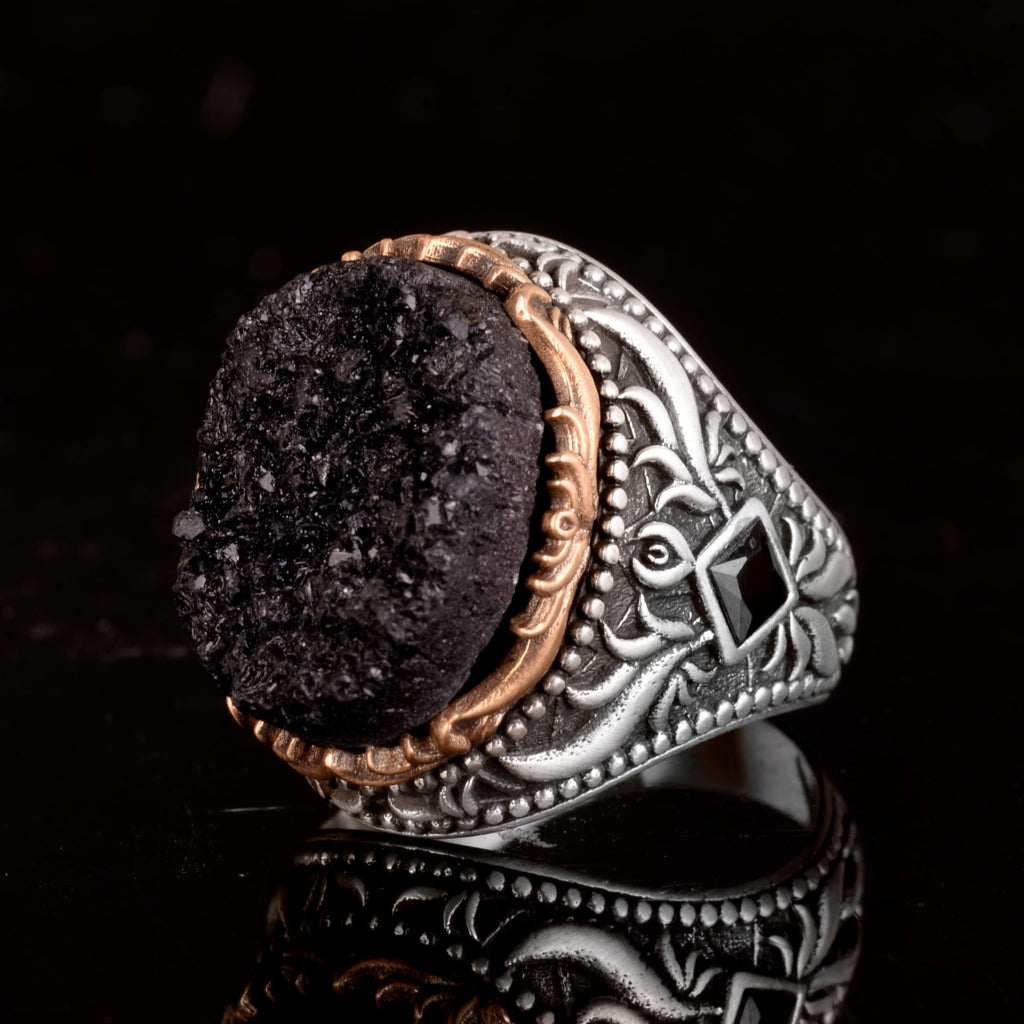 Vintage Men's 925 Sterling Silver Ring - Druzy Quartz (Black) — 5