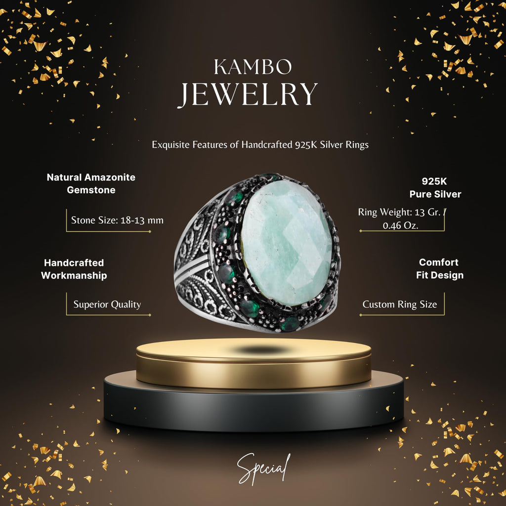 Natural Amazonite Stone Ring - 925 Sterling Silver Handmade Men's Jewelry — 2
