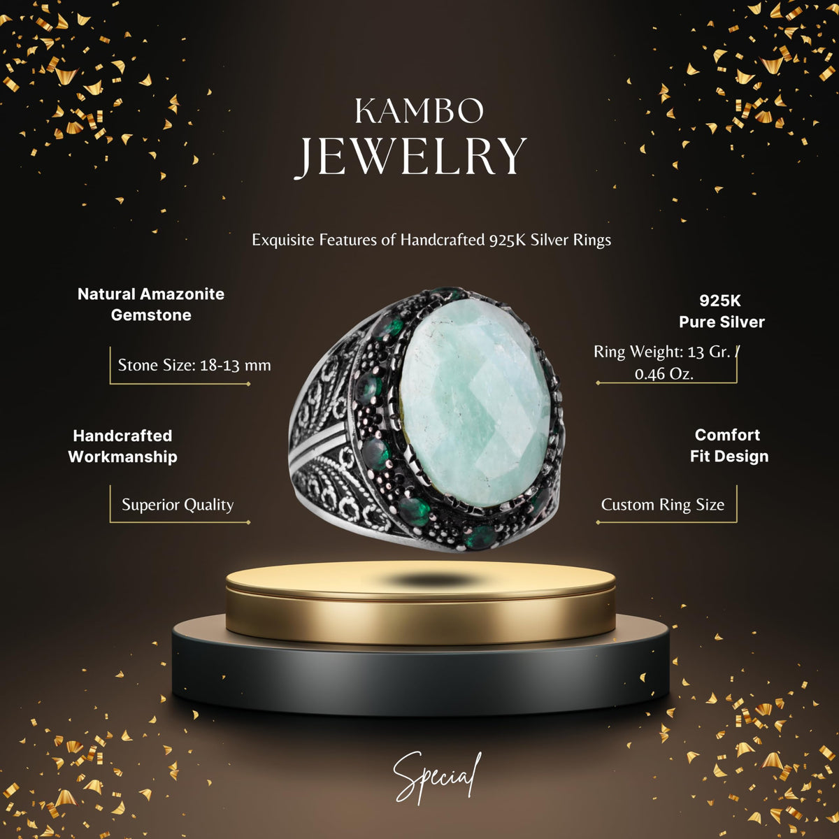 Natural Amazonite Stone Ring - 925 Sterling Silver Handmade Men's Jewelry — 2