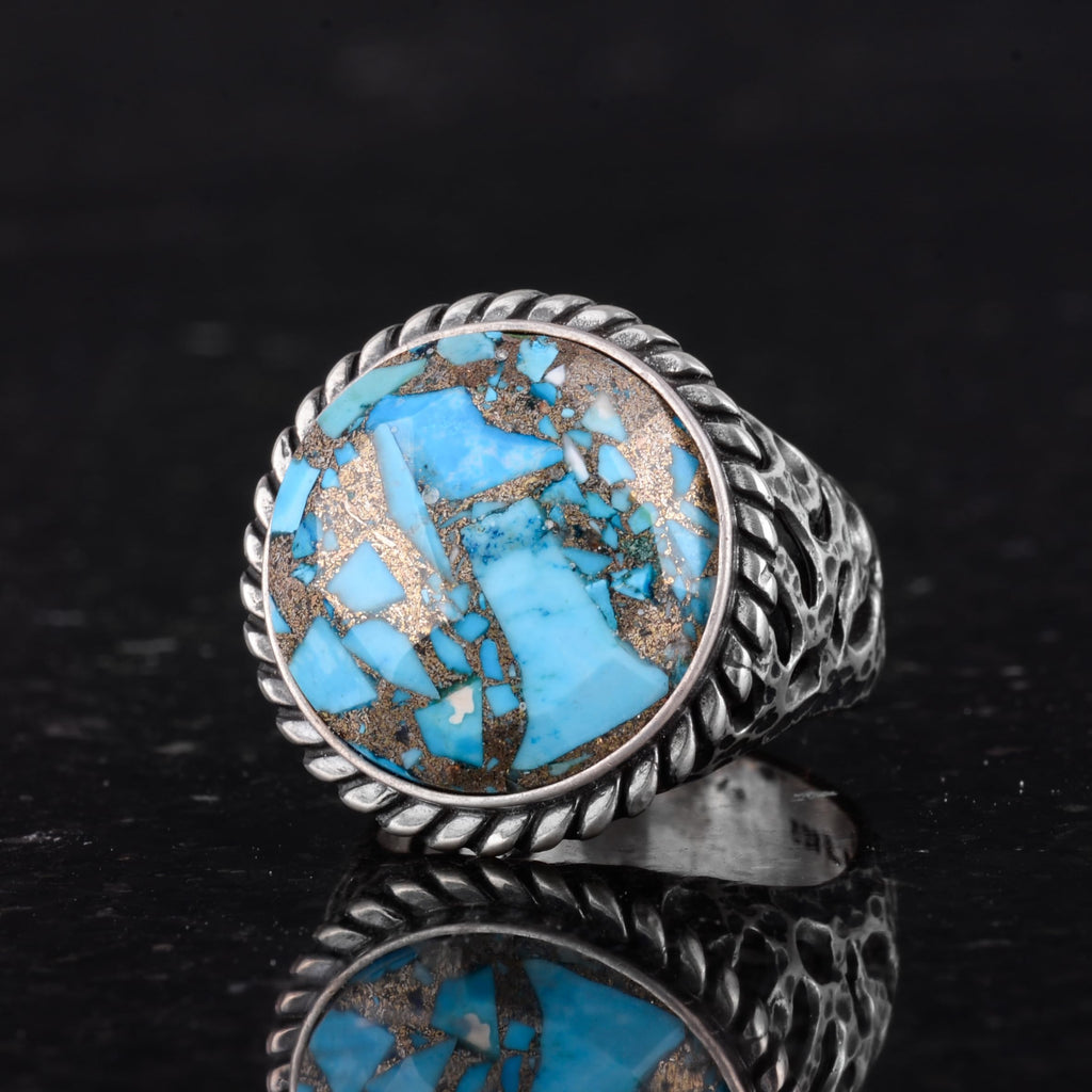 Natural Turquoise Stone Silver Men's Ring, Bold Design — 6