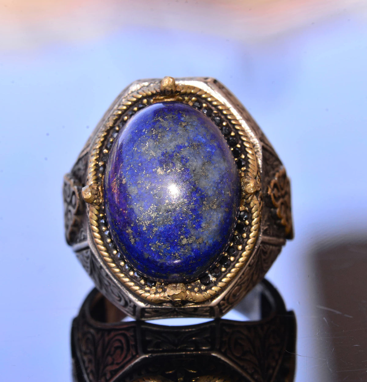 Handmade Vintage Design Emerald Ring - 925 Sterling Silver Men's Ring with Gold Parts (Lapis Lazuli) — 2