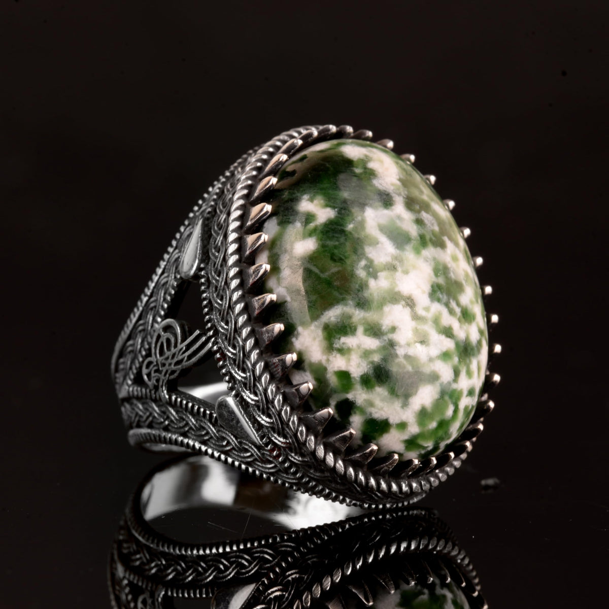 925 Sterling Silver Men's Ring, Natural Jade Ring, Oval Spotted Jade — 4