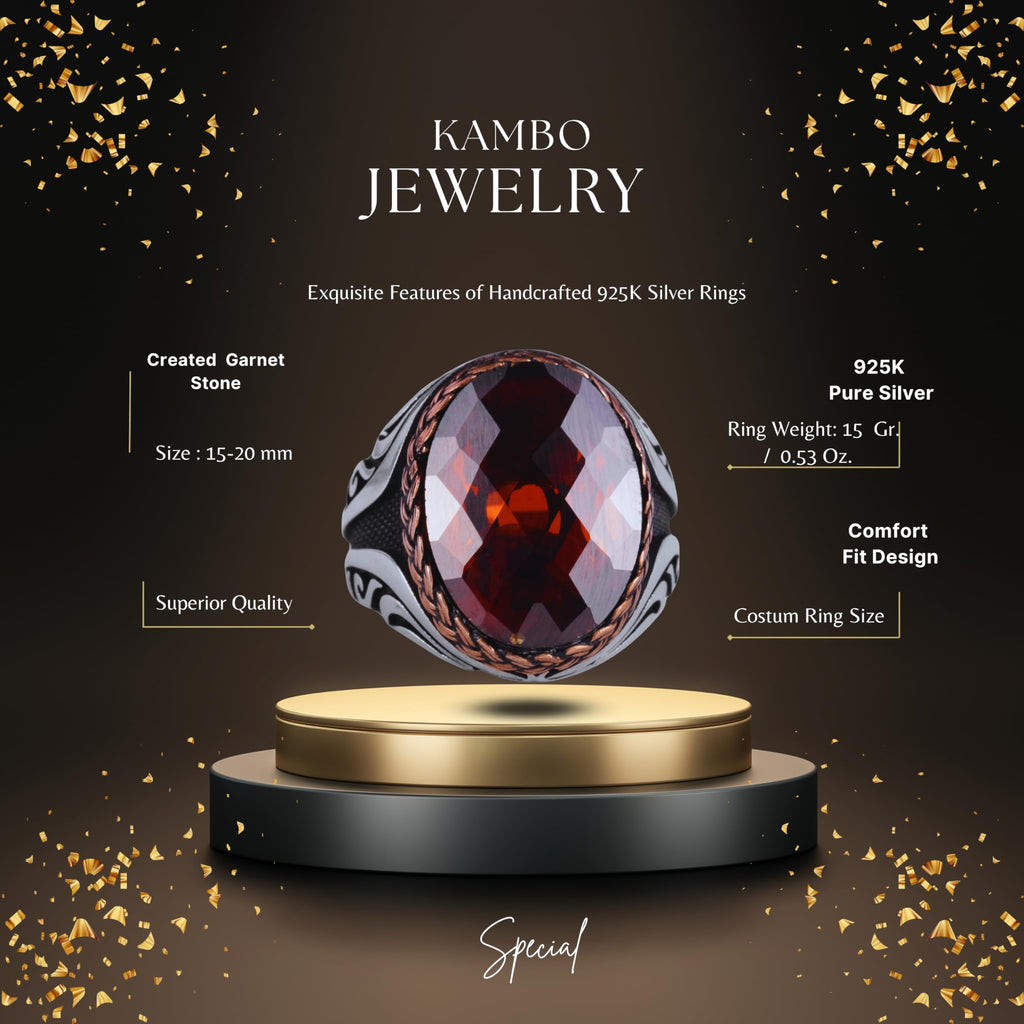 Kambo 925 Sterling Silver Men's Ring - Unique Handcrafted Ring with Synthetic Garnet Stone — 2