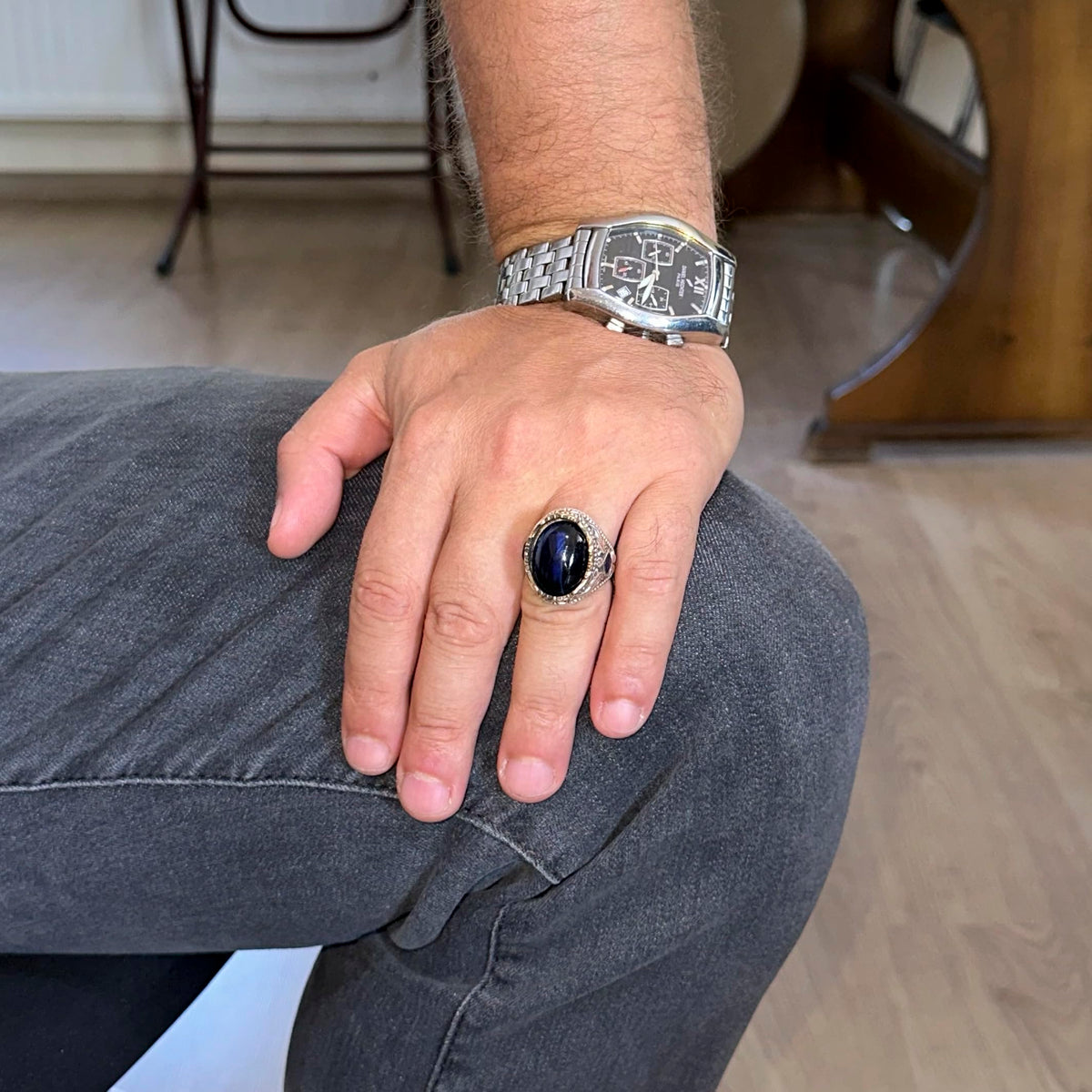 Synthetic Stone Ring - Handmade Men's Ring - Elegant 925 Sterling Silver Men's Ring (Synthetic Blue Cat's Eye) — 3