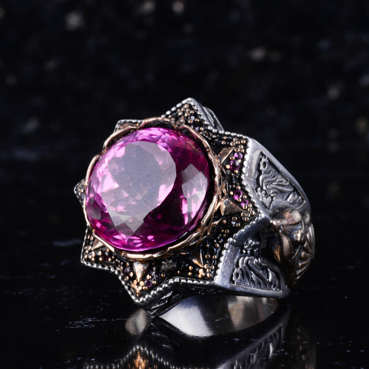 KAMBO Certified Natural Pink Spinel Stone Men's Ring – Bronze Detailed 925 Sterling Silver – Certified Gemstone Handmade Statement Ring — 4