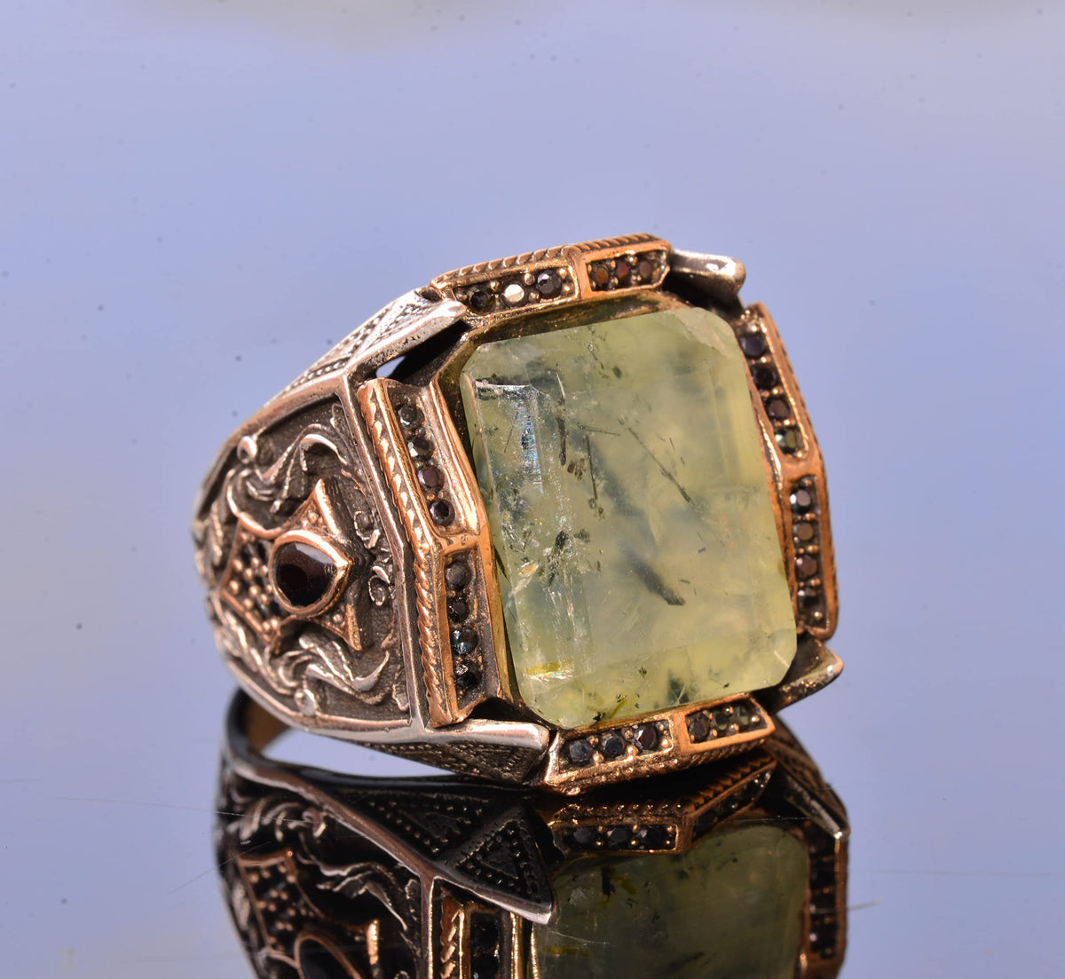 Real Prehnite Jade Ring - 925 Sterling Silver Men's Band Ring — 5