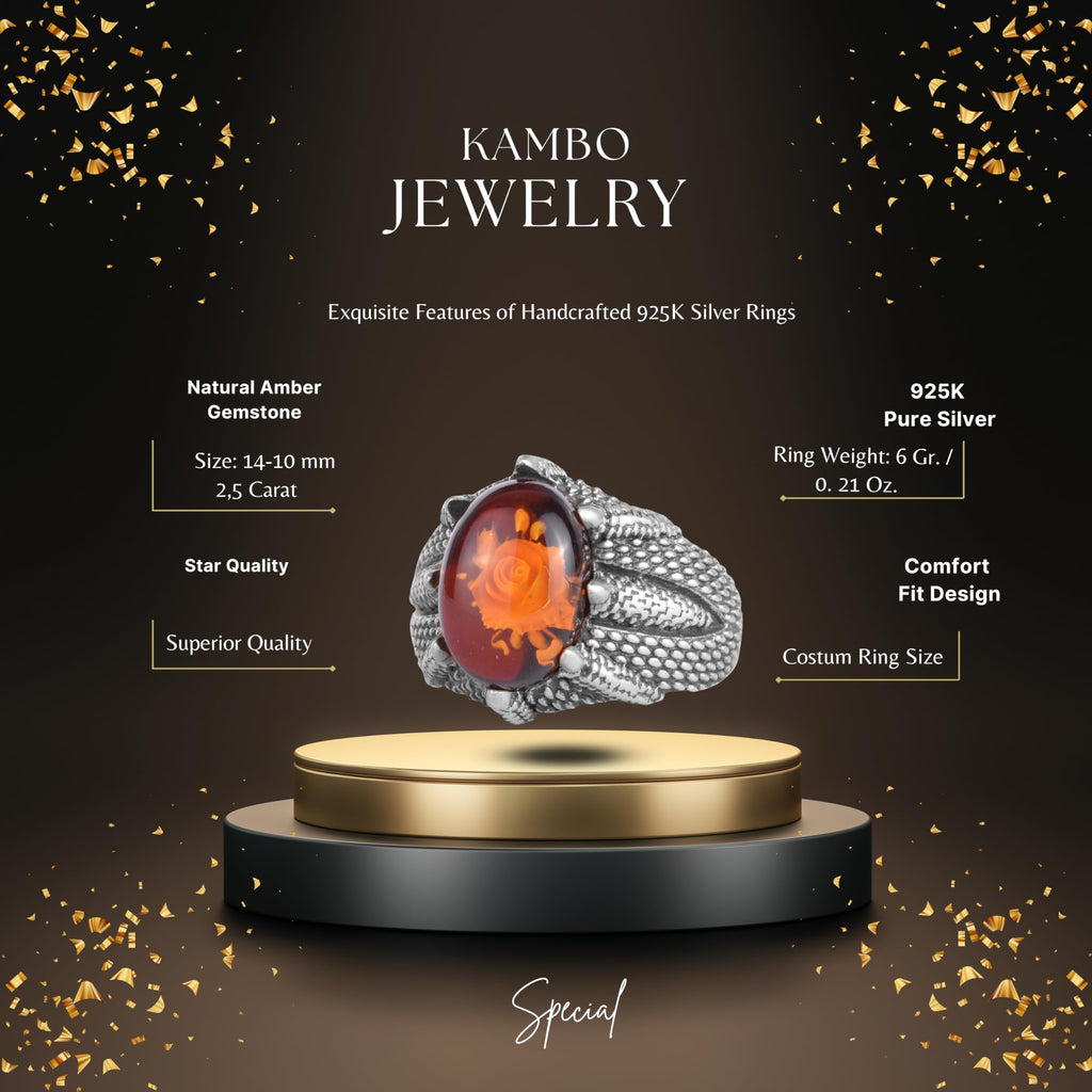 KAMBO Amber Stone Men's Ring Rose Carved 925 Sterling Silver – Oval Cabochon Handmade Vintage Flower Design Ring — 2