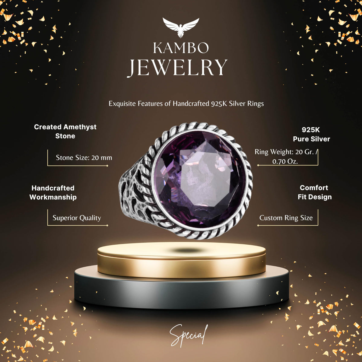 925 Sterling Silver Men's Ring - Handmade Artificial Amethyst Stone Ring - Modern Design — 2